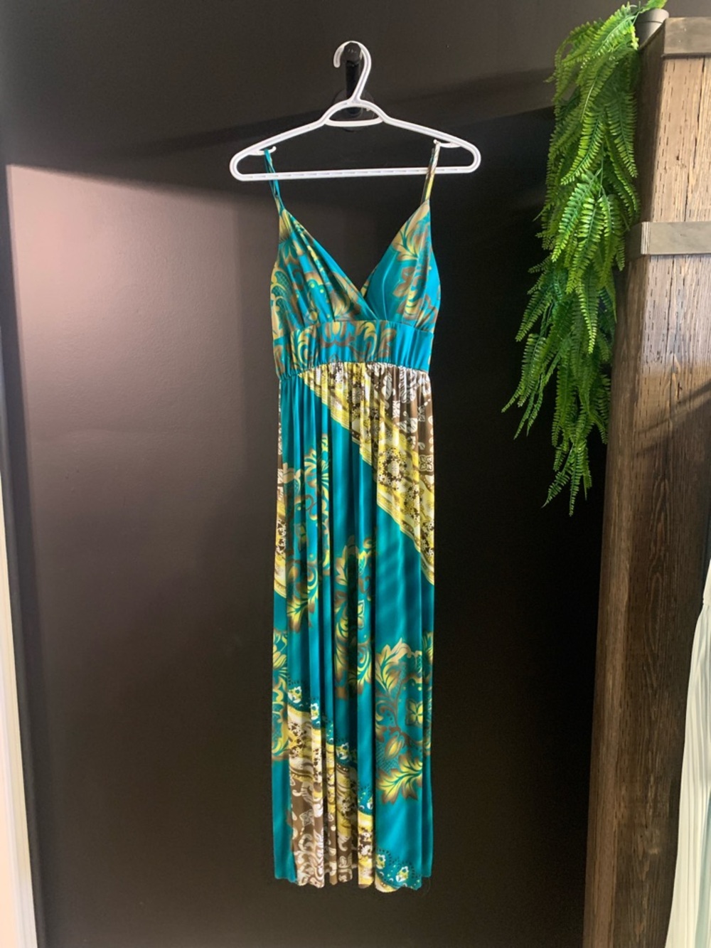 Teal and Yellow Padded Floral Maxi Dress - Sleeveless V-Neck